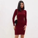 Red Lumina Wear Lyra Ribbed Knit Slim Sweater Dress, mini length, form-fitting knit dress with long sleeves and ribbed texture.