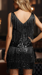 Black Lyra Sequin Dress Sleeveless Mini by Lumina Vancouver, featuring a fitted silhouette and sparkling sequin details.