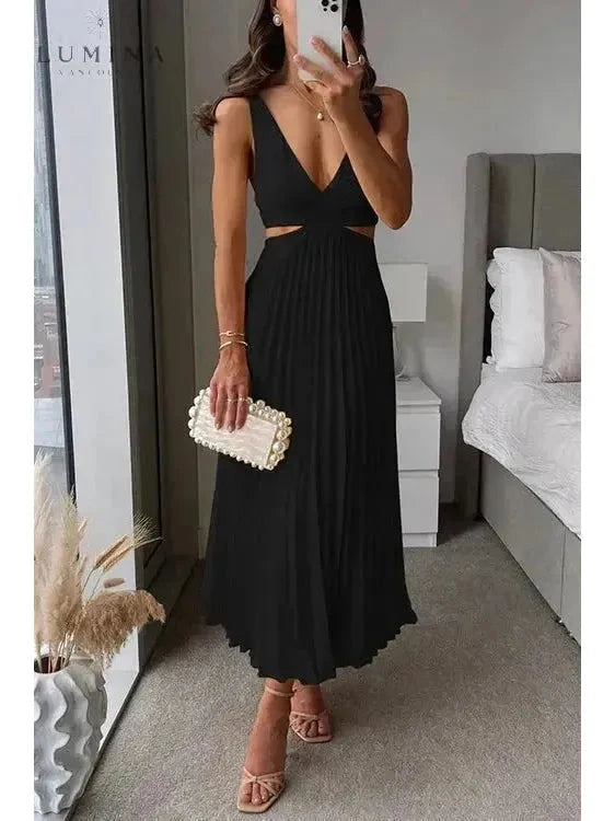 Yellow Madeleine elegant maxi dress by Lumina Wear, perfect evening dress for wedding guests with flowing fabric and stylish design.