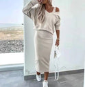 Lumina Wear Madison set featuring an elegant beige off-shoulder top and fitted midi skirt, perfect for casual stylish looks.