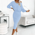 Lumina Wear Madison elegant off-shoulder top with fitted beige midi skirt, casual set, stylish and chic for everyday wear.