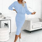 Beige Madison off-shoulder top paired with fitted midi skirt from Lumina Wear, casual dress perfect for stylish everyday wear.