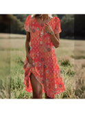 Red Maeve bohemian vibe dress by Lumina Wear, featuring flowing fabric and relaxed fit perfect for casual and summer wear.