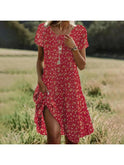 Red Maeve bohemian dress by Lumina Wear, featuring flowing fabric and relaxed fit, perfect for casual and festival wear.