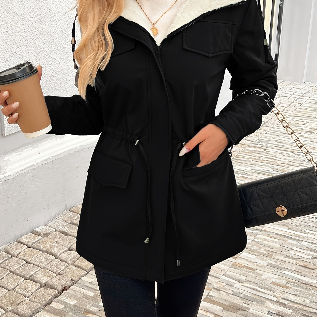 Maisie Lumina Wear cozy black sherpa-lined parka jacket with adjustable fit, warm and stylish for cold weather.