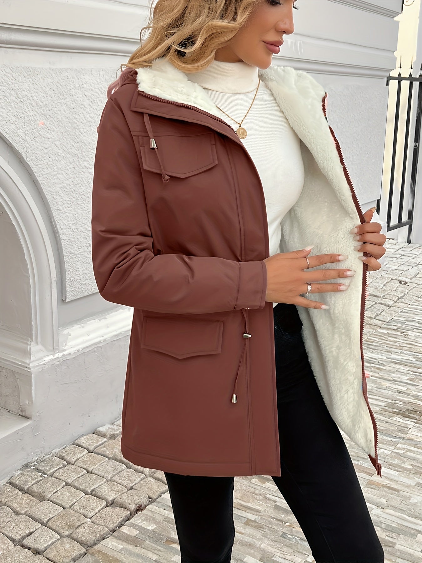 Black Maisie Sherpa-lined parka jacket by Lumina Wear with adjustable fit, cozy interior, and stylish winter outerwear.