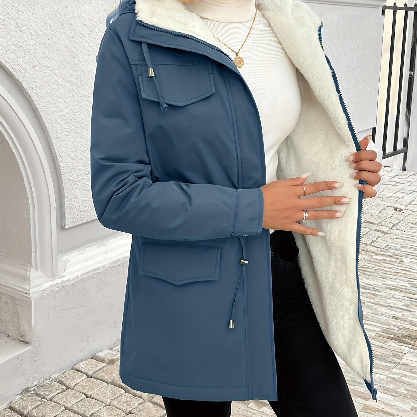 Black Maisie Sherpa-lined parka jacket by Lumina Wear with adjustable fit, cozy interior, and stylish design for cold weather.