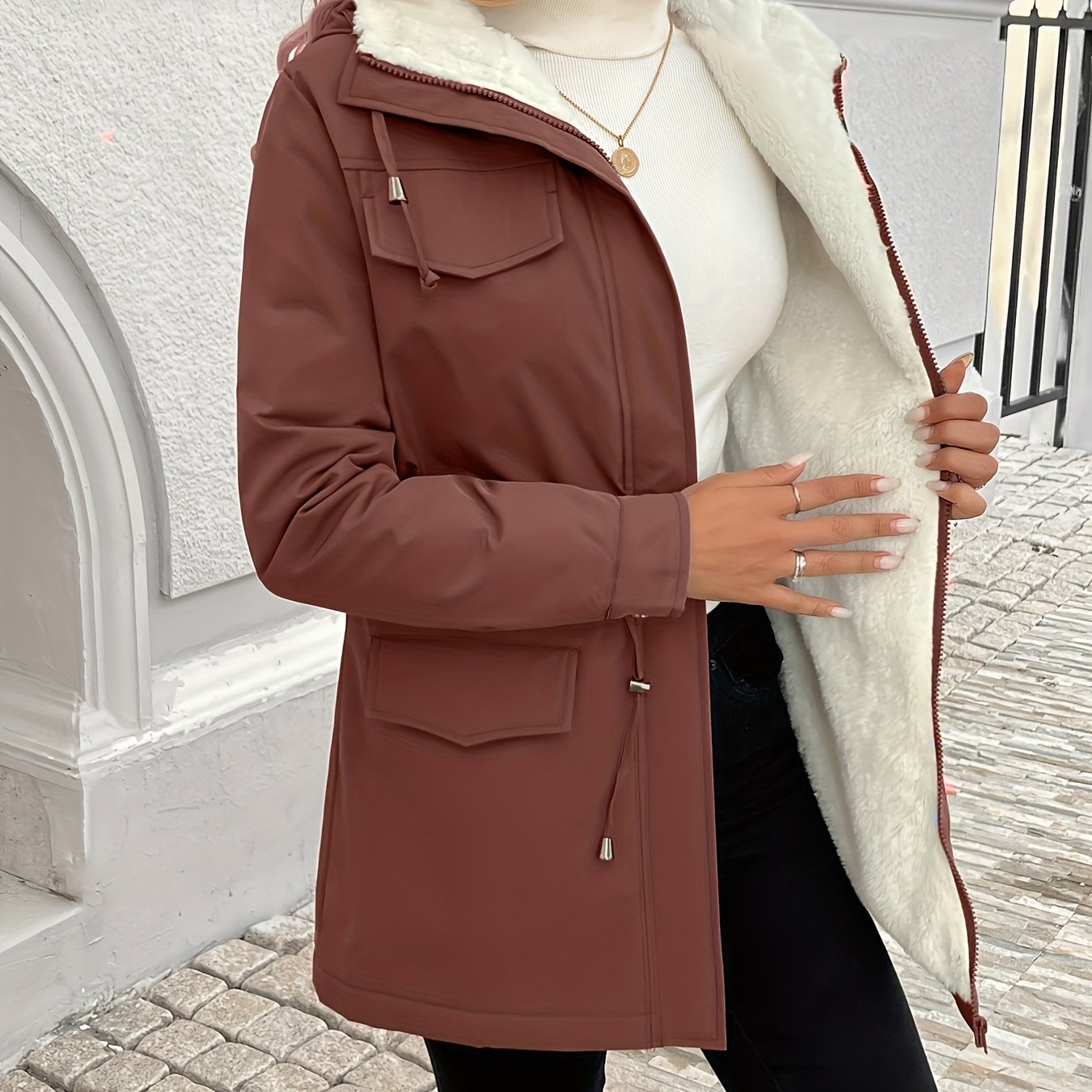 Maisie cozy Sherpa-lined parka jacket by Lumina Wear in black, featuring adjustable fit and warm, soft interior.