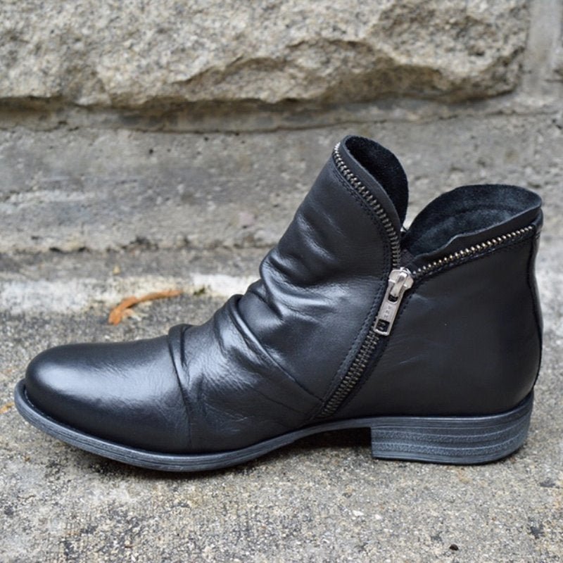 Makayla black leather ankle boots with sleek design, stylish footwear by Lumina Wear, featuring a classic silhouette and smooth finish.
