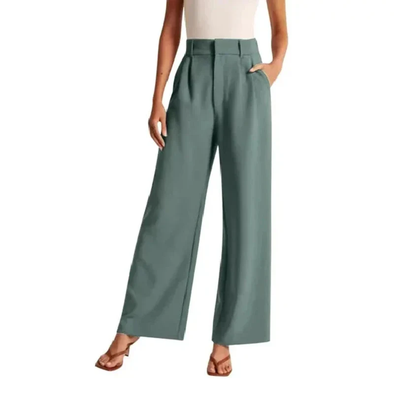 Cream high-waisted wide-leg women's trousers by Lumina Wear featuring a chic, relaxed fit and tailored style.
