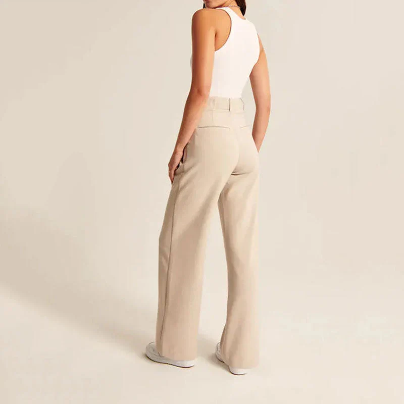 Cream high-waisted wide-leg trousers for women by Lumina Wear, featuring a chic, relaxed fit and elegant silhouette.
