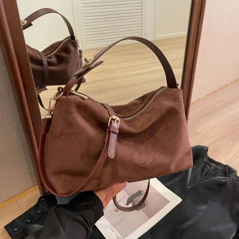 Lumina Wear Marielle textured minimalist shoulder bag with curved shape, coffee color, stylish and compact handbag for everyday use.