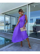 Purple Marjorie elegant one-shoulder midi dress by Lumina Vancouver, showcasing a fitted silhouette and stylish asymmetric neckline.