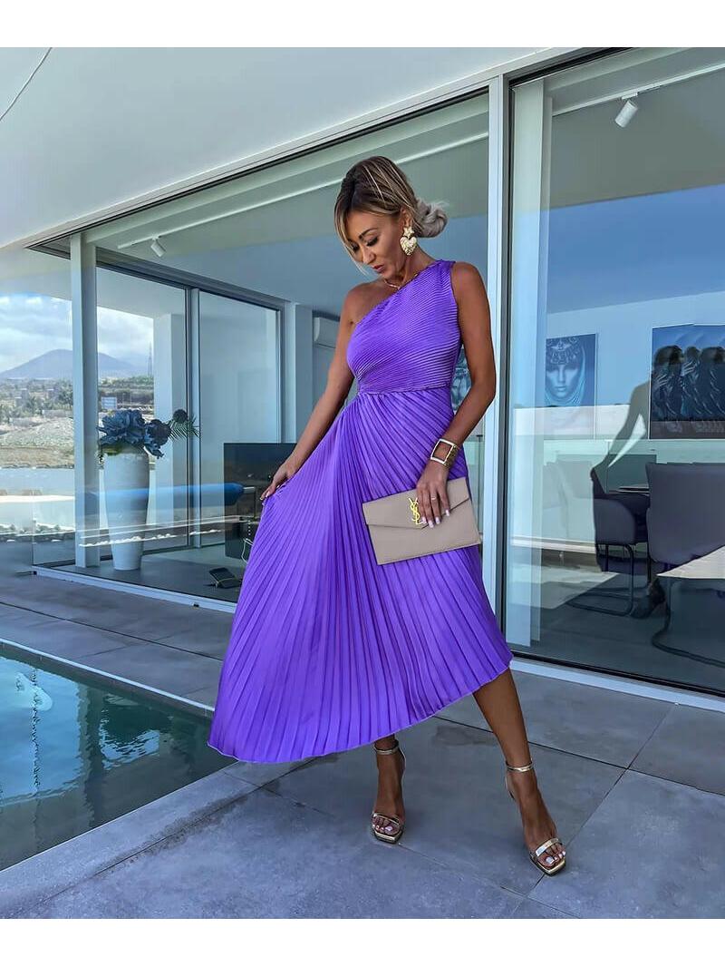 Purple Marjorie elegant one-shoulder midi dress by Lumina Vancouver, showcasing a fitted silhouette and stylish asymmetric neckline.