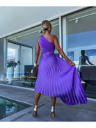 Purple Marjorie Lumina Vancouver one-shoulder midi dress with elegant drape and fitted silhouette, perfect for formal occasions.
