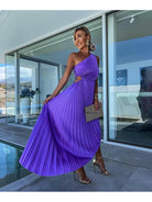 Purple Marjorie Lumina Vancouver elegant one-shoulder midi dress displayed on a hanger.