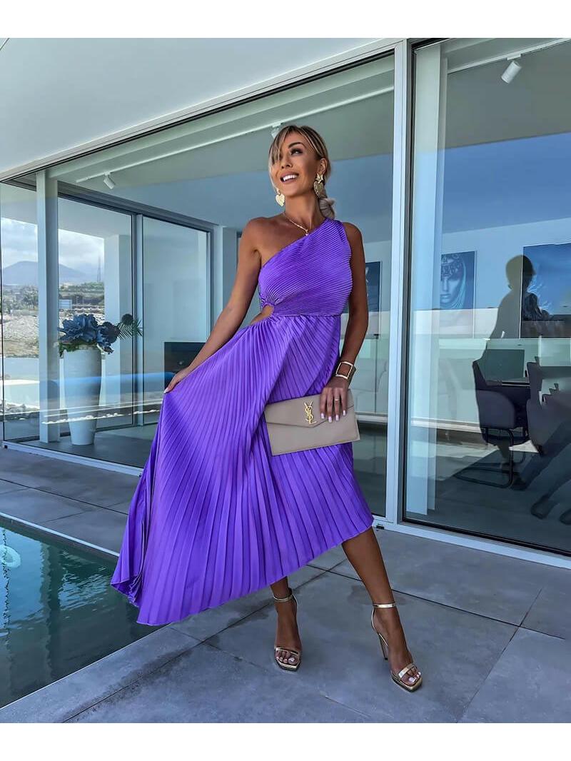 Purple Marjorie Lumina Vancouver elegant one-shoulder midi dress displayed on a hanger, showcasing its stylish design and fit.