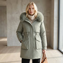 Lumina Wear Matilda plush faux-fur collar parka coat with drawstring in army green, featuring cozy winter style and warm design.