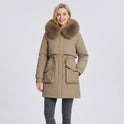 Lumina Wear Matilda plush faux-fur collar parka coat with drawstring in army green, XS size, cozy winter outerwear.