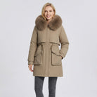 Lumina Wear Matilda plush faux-fur collar parka coat with drawstring in army green, XS size, warm and stylish outdoor jacket.