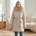 Lumina Wear Matilda plush faux-fur collar parka coat with drawstring in army green, XS size, cozy winter outerwear.