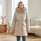 Lumina Wear Matilda plush faux-fur collar parka coat with drawstring in army green, XS, stylish winter outerwear.