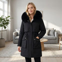 Lumina Wear Matilda plush faux-fur collar parka coat in army green with drawstring, shown in XS size.