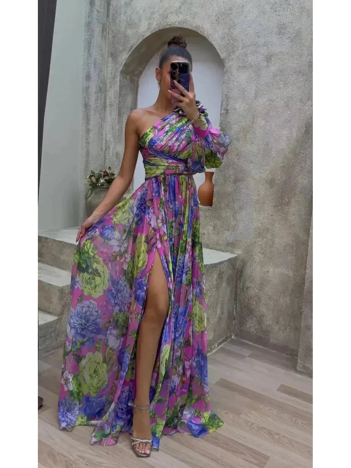 Purple Mckenna flowing gown by Lumina Vancouver, elegant wedding guest dress with a graceful, flowing silhouette.