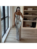 Silver Michaela Spaghetti Strap Shimmer Maxi Dress by Lumina Wear, featuring a flowing design perfect for girls' night out.