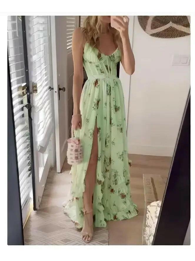 Pink Michela floral dress by Lumina Vancouver, elegant dress with a fitted bodice and flowing skirt, perfect for special occasions.
