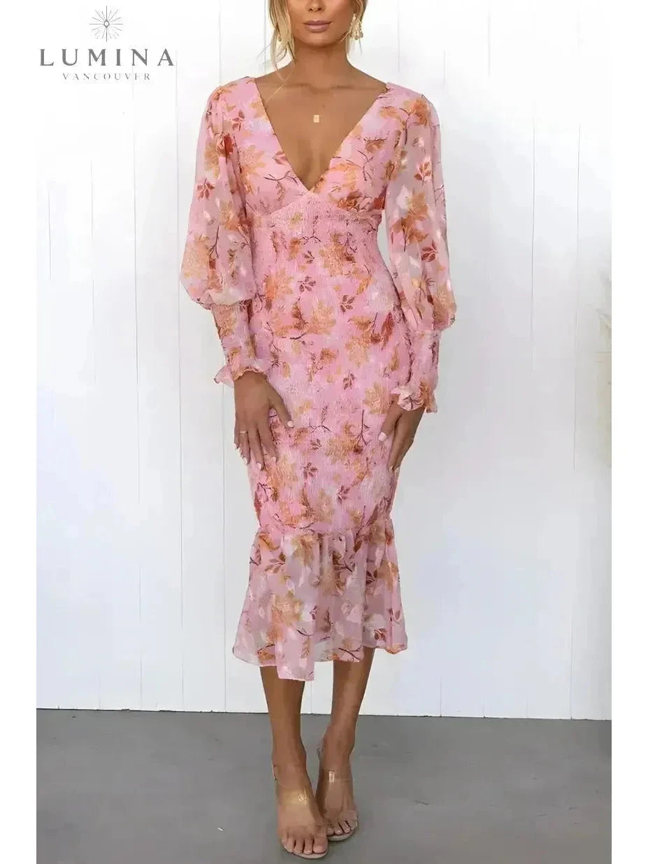Pink Milla flower dress by Lumina Vancouver, perfect for wedding guests, with a floral design and elegant style.