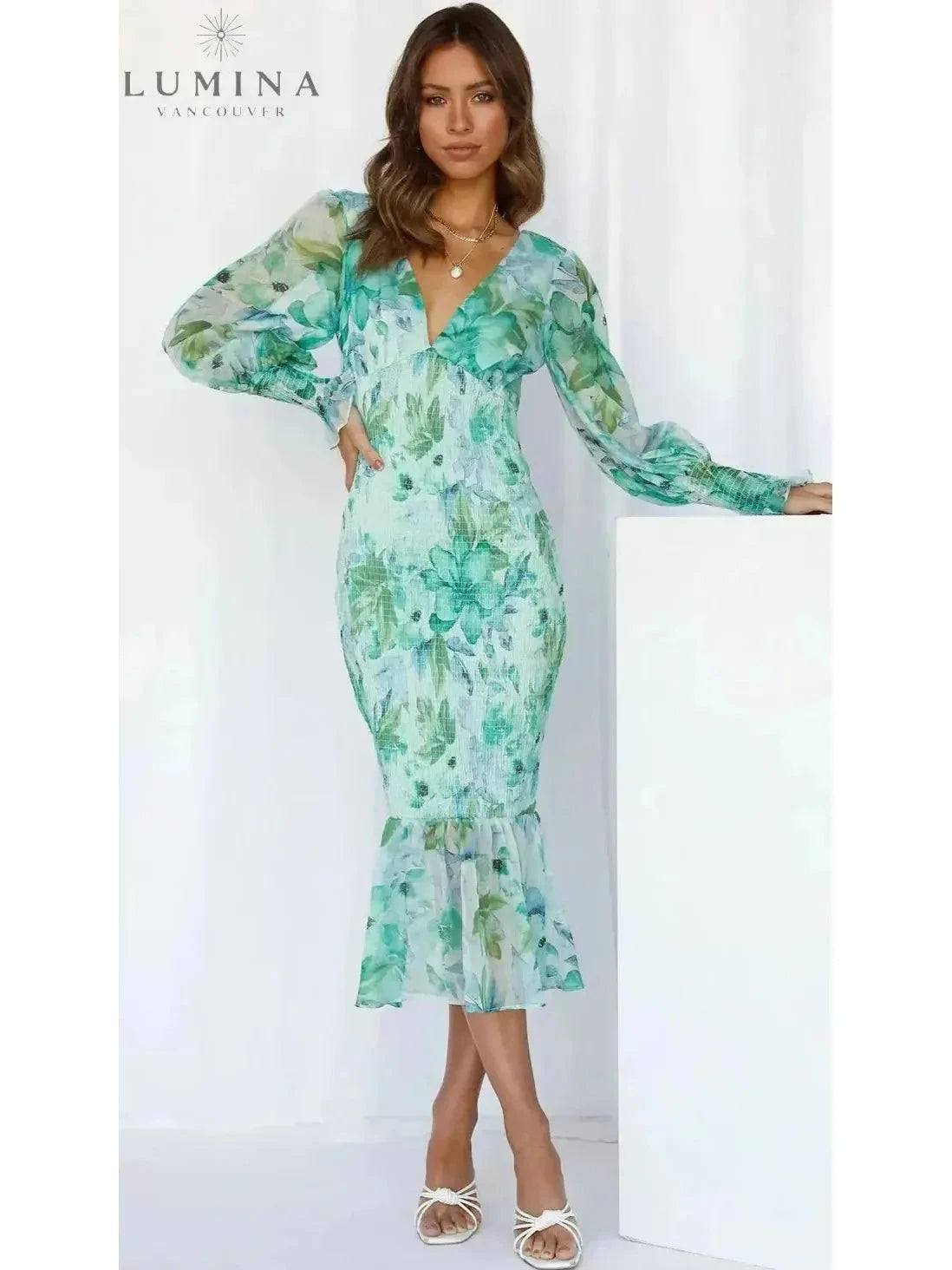 Pink Milla flower dress by Lumina Vancouver, elegant wedding guest dress with floral design and feminine style.