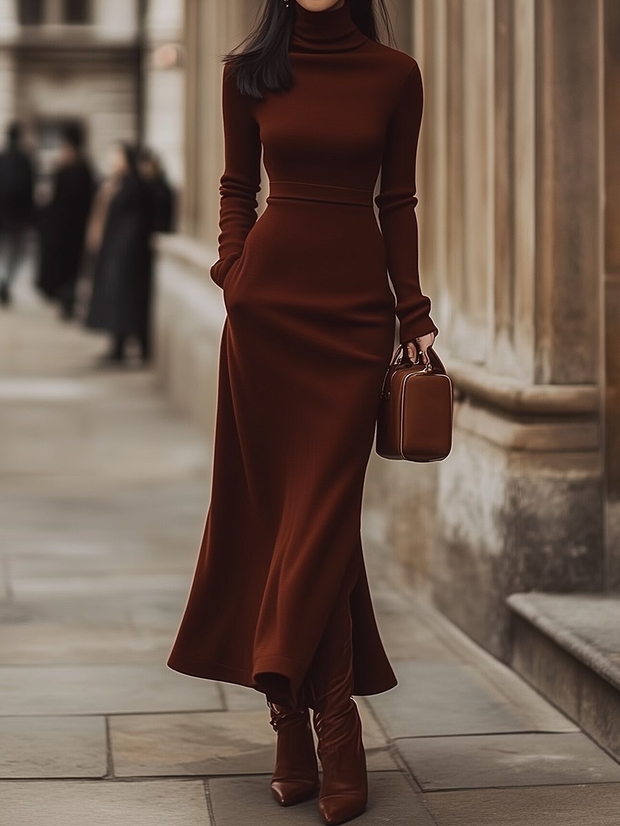 Chocolate brown turtleneck dress by Lumina Wear, featuring a fitted silhouette and cozy fabric, perfect for casual or dressy occasions.