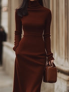 Chocolate brown turtleneck dress by Lumina Wear, shown on a model, featuring a fitted silhouette and long sleeves.