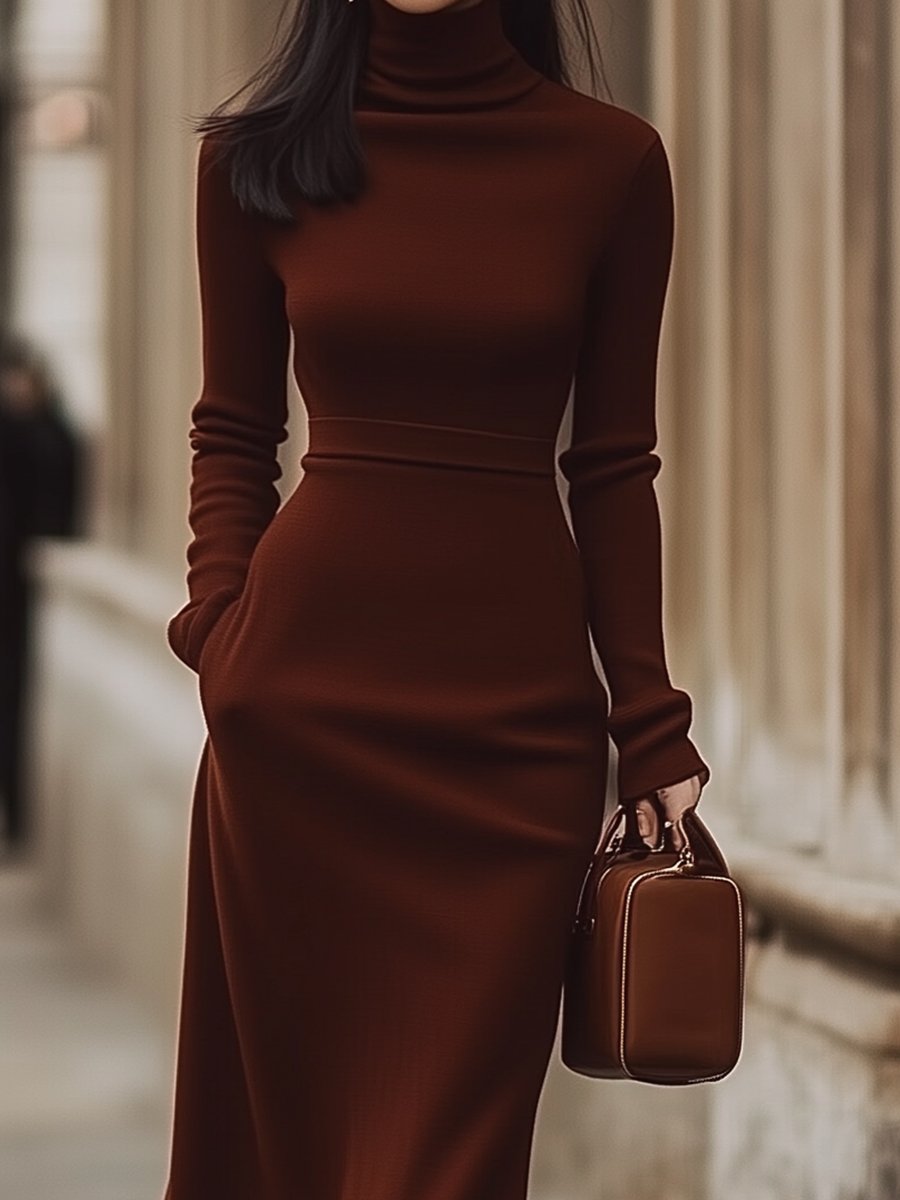 Chocolate brown turtleneck dress by Lumina Wear, shown on a model, featuring a fitted silhouette and long sleeves.
