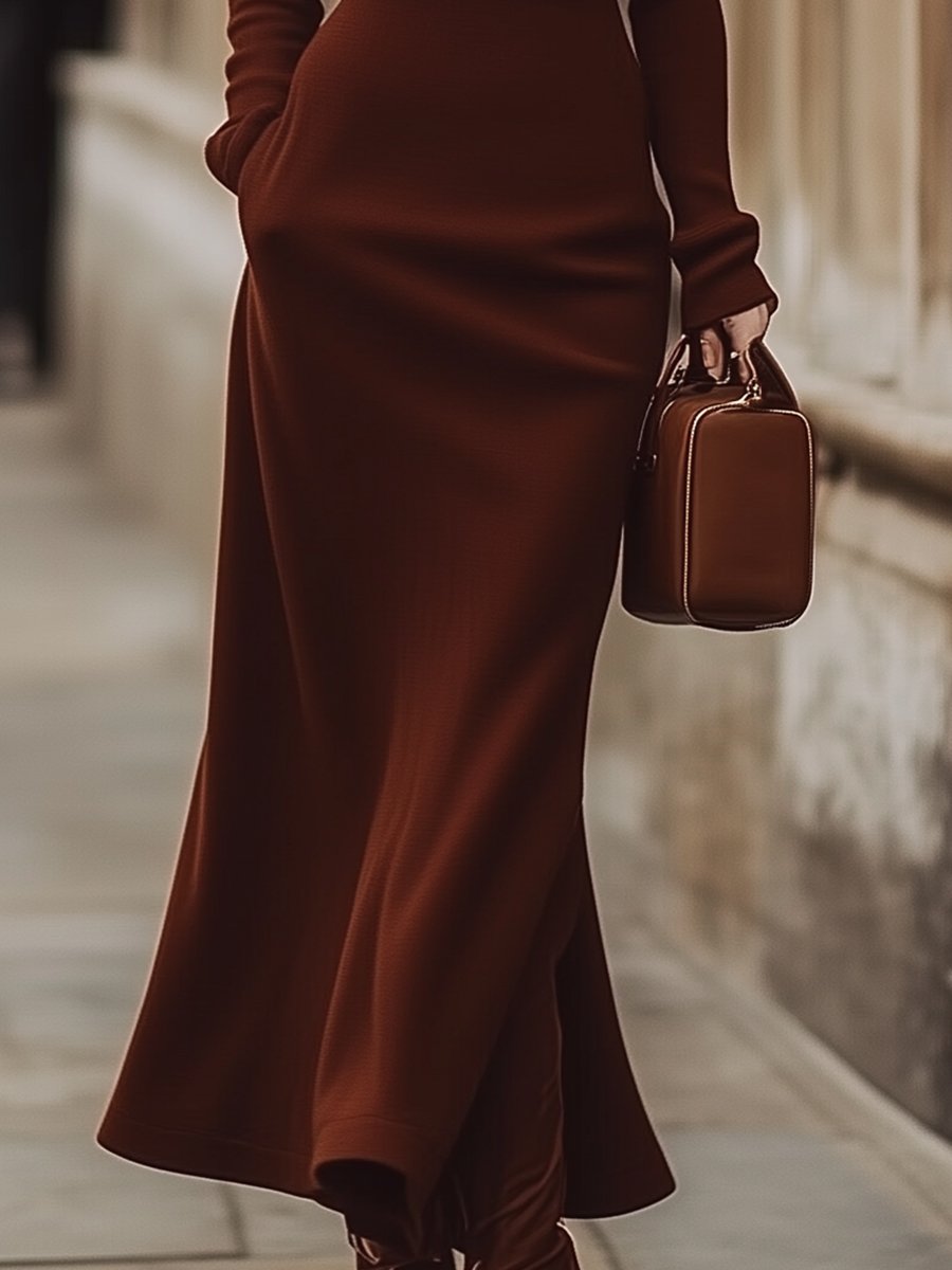 Chocolate brown turtleneck dress by Lumina Wear, featuring a fitted silhouette and stylish design, displayed on a model.