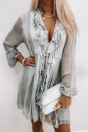 Pink knee-length flowy V-neck mini dress by Lumina Wear, featuring a relaxed fit and elegant silhouette.