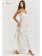 White Mireille Romantic Summer Dress by Lumina Vancouver featuring floral details, perfect for holiday and summer occasions.