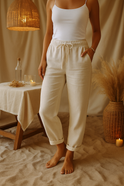Beige Lumina Wear Monica comfortable trousers with elastic waistband, casual pants for women, size S, front view.