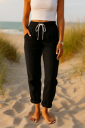 Beige Lumina Wear Monica comfortable trousers with elastic waistband, shown on a model, casual style, size S, full-length view.