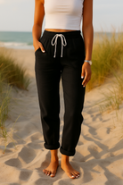 Lumina Wear Monica beige trousers with elastic waistband, comfortable fit, casual style, flat front and relaxed fit.