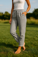 Beige Lumina Wear Monica comfortable pants with elastic waistband, shown with relaxed fit and casual style.