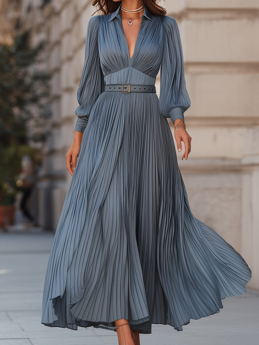 Steel blue pleated midi dress by Lumina Wear, featuring a flowing maxi design with elegant pleats and a sophisticated silhouette.