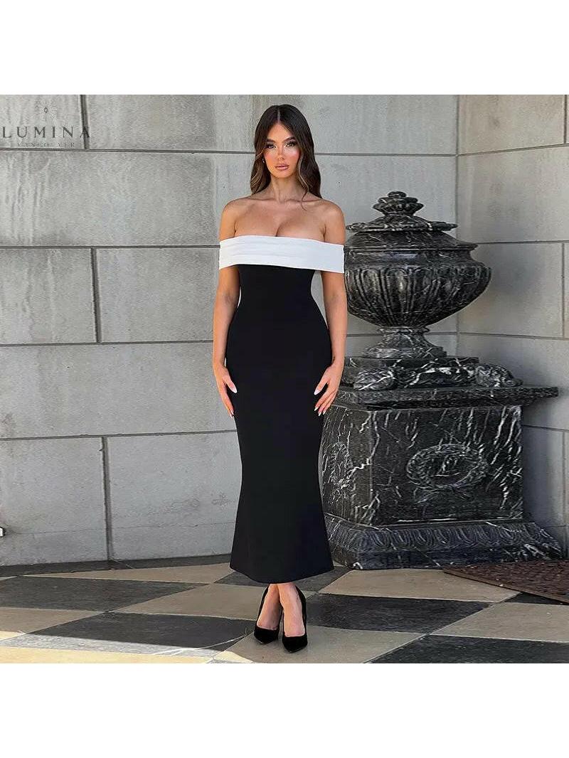 Lumina Wear Morgana off-shoulder contrast maxi dress with elegant design, flowing fabric, and stylish vintage-inspired look.