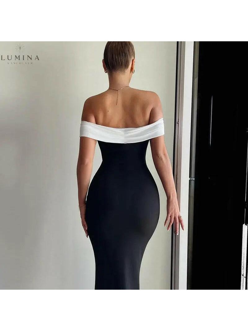 Lumina Vancouver Morgana off-shoulder contrast maxi dress in old money style, flowing fabric with elegant neckline and sophisticated design.