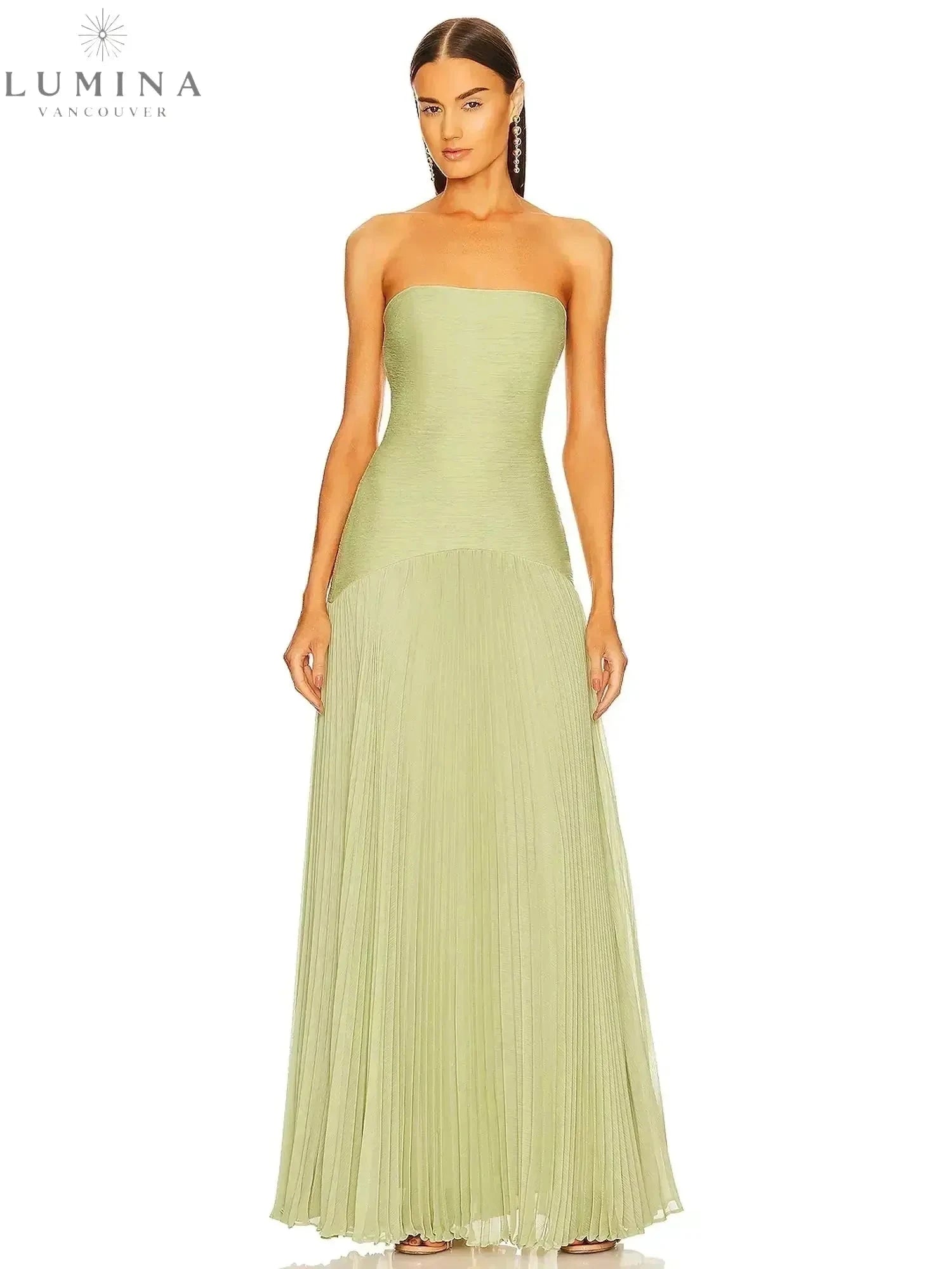 Lumina Wear Morgane sleeveless drop-waist maxi dress, elegant wedding guest dress with flowing fabric and floor-length design.