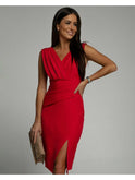 Red Nadinee V-neck dress with slit by Lumina Wear, featuring a flowing design and elegant neckline.