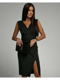 Red Nadinee V-Neck Dress with slit by Lumina Wear, flowing fabric, elegant design, shown on a model for a stylish look.