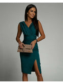 Red Nadinee V-neck dress with slit by Lumina Wear, featuring a stylish neckline and elegant slit detail.