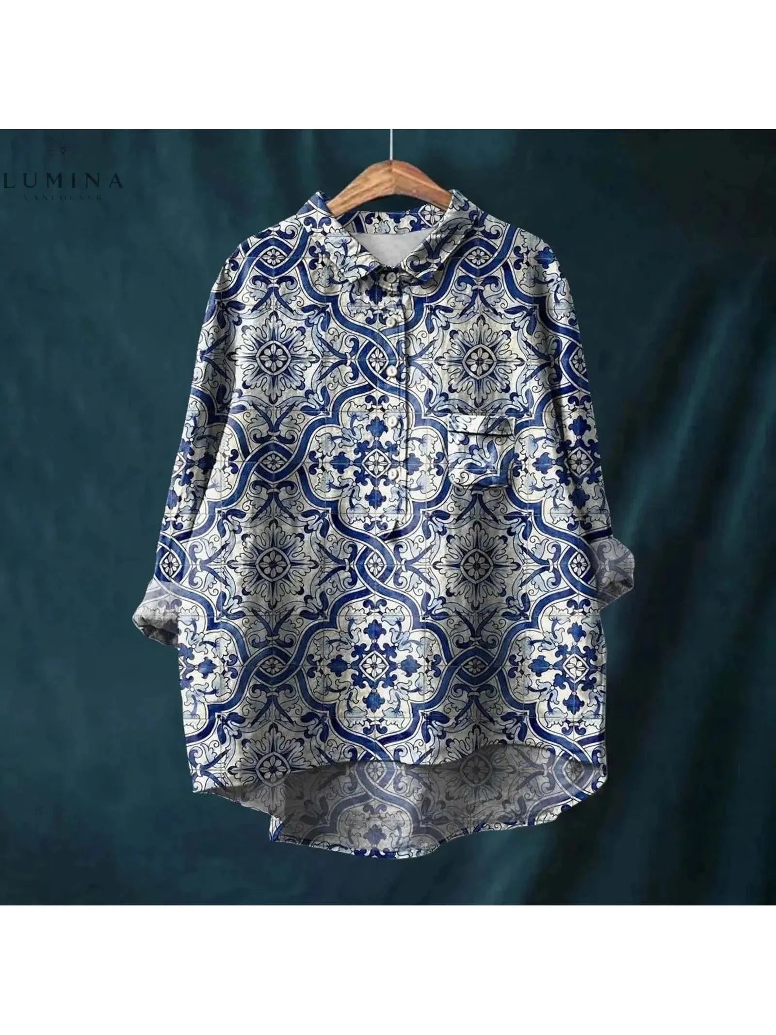 Gray Natasha Art Elegant Floral blouse from Lumina Vancouver collection, showcasing a stylish floral design and lightweight fabric.